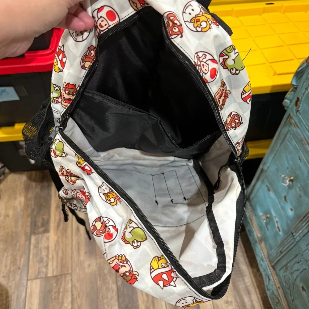 Nintendo Super Mario Bros Character Print Backpack Checkered‎ White Blue Zip Bag